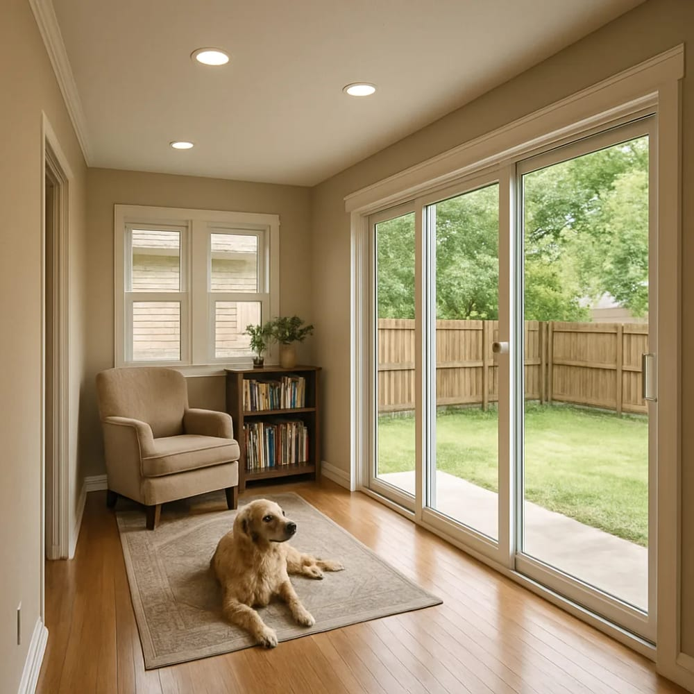 A beige armchair beside a small bookshelf in a sunlit room with large sliding glass doors opening to a fenced green backyard, a golden retriever resting on a light rug.