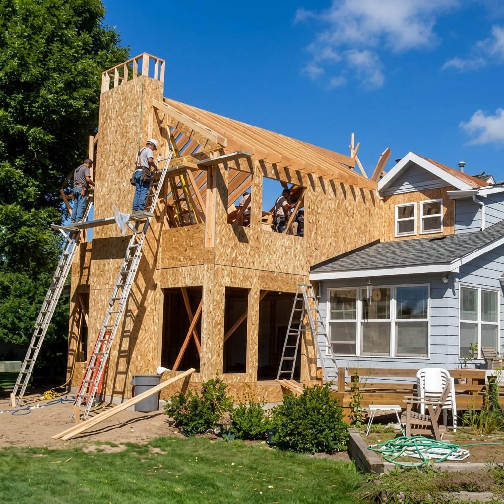 People install wooden framing on a two-story house under construction with ladders and crews working on the roof.