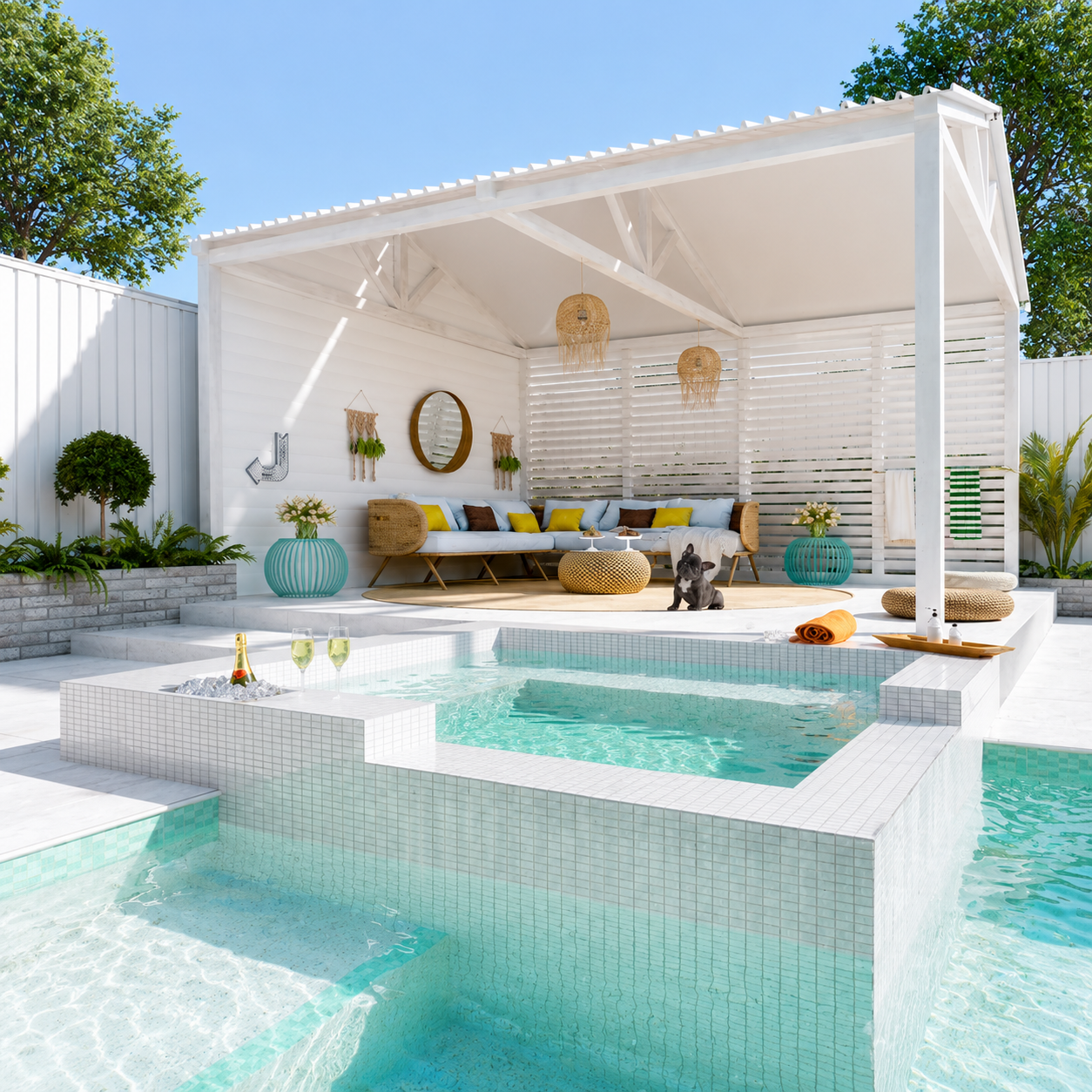 Luxurious white poolside cabana with wicker seating, turquoise pool, and tropical decor in a sunny backyard.