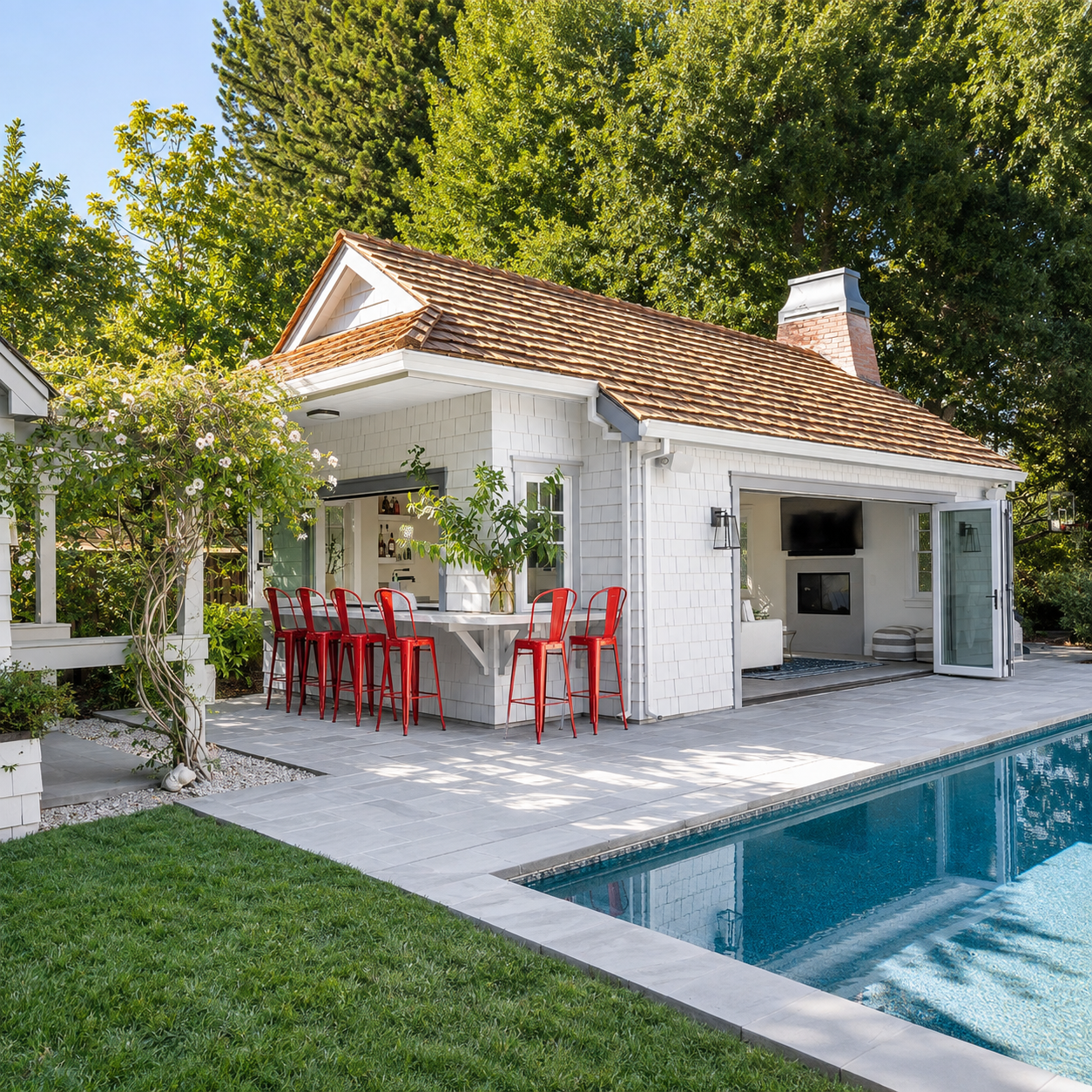 Poolside bar area attached to a white pool house; red metal stools along a counter with a blue pool in foreground.