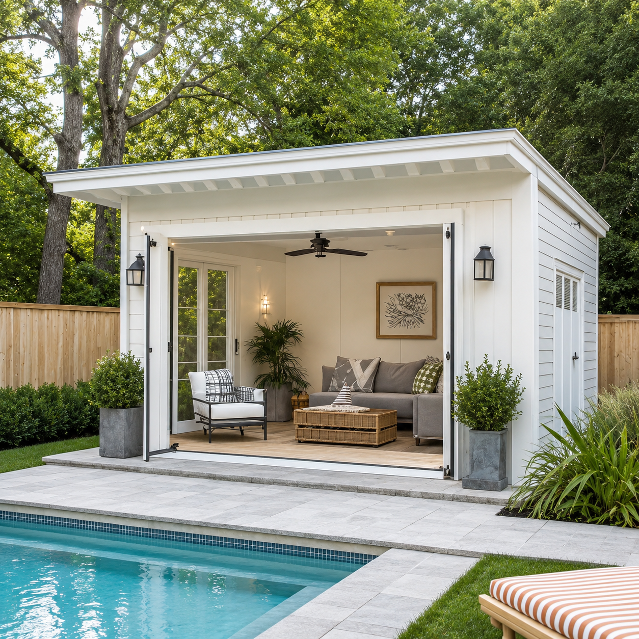 White outdoor cabana with folding doors open to a seating area beside a pool, wicker coffee table, sofa and chair, ceiling fan, plants, and framed wall art.