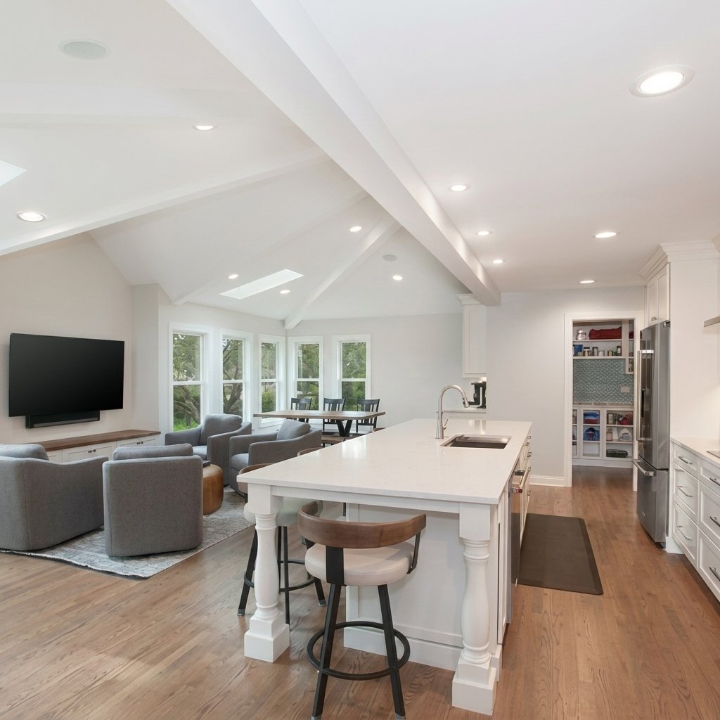 Bright open-concept kitchen and living area with a white island, hardwood floors, and a vaulted ceiling with beams.