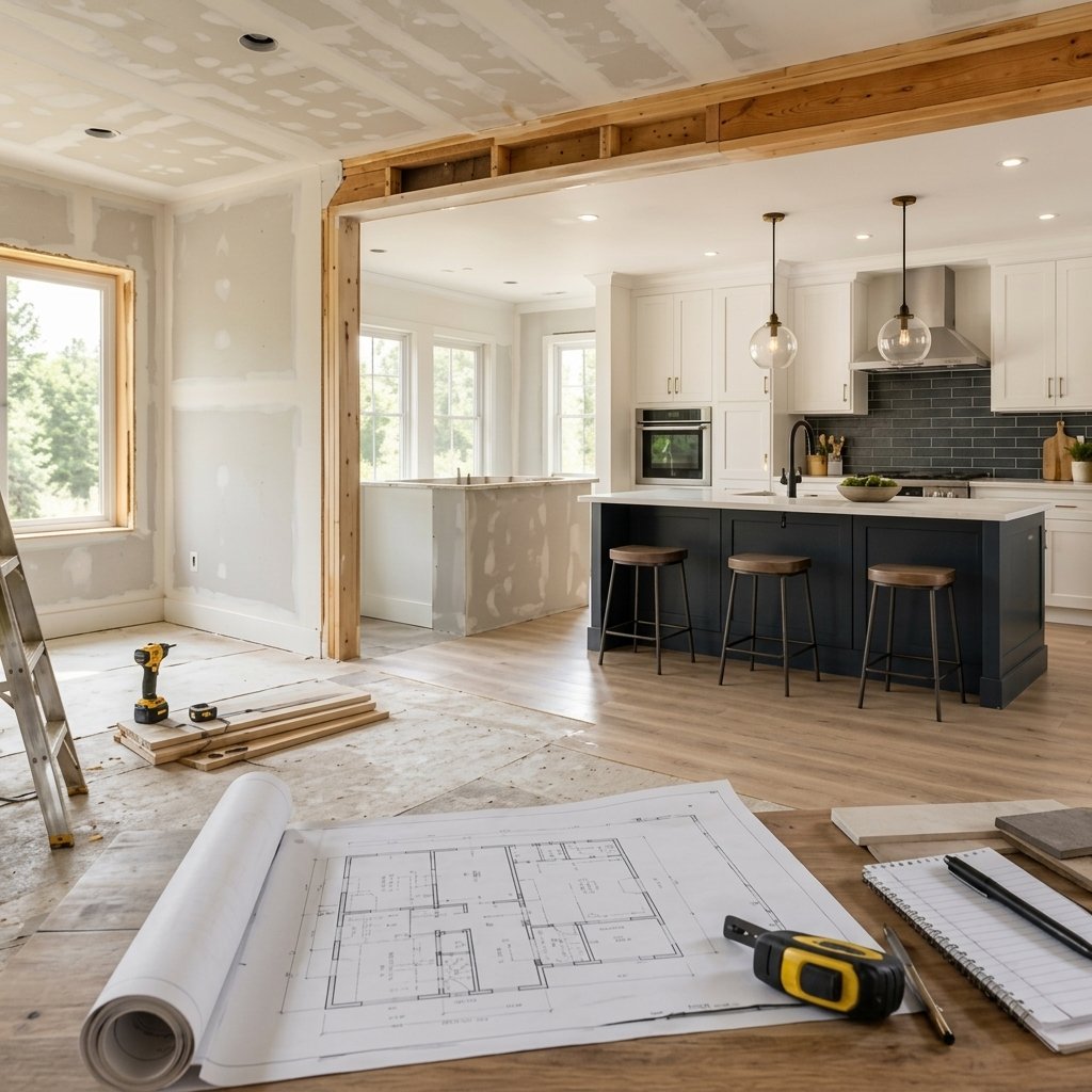 Kitchen renovation scene: unfinished walls and framing, blueprint on a worktable, and a dark blue island with three stools under pendant lights.