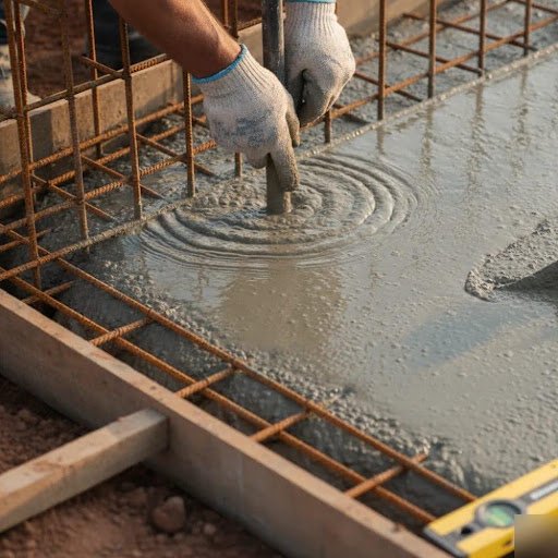 Construction worker wearing gloves smoothing wet concrete inside a rebar-reinforced formwork.