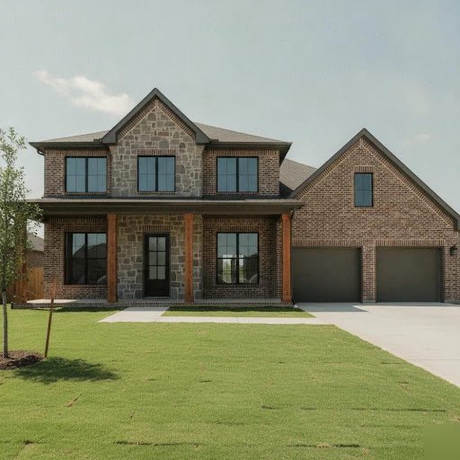 Two-story brick house with a stone facade, front porch with wooden columns, and a two-car attached garage on a green lawn.