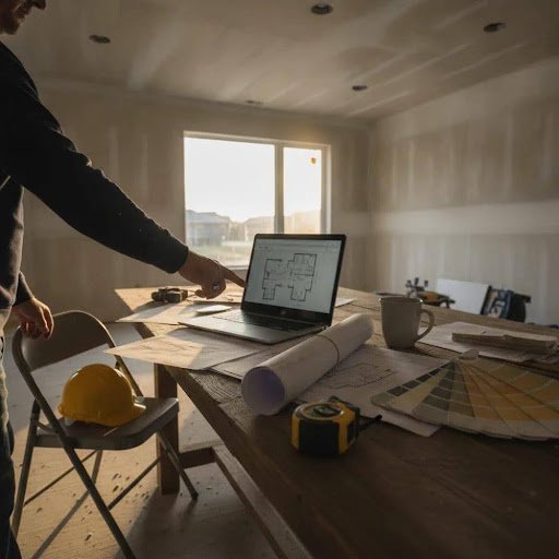 Person pointing at a laptop displaying a floor plan in a construction workspace with blueprints, a yellow hard hat, and measuring tape on the table.