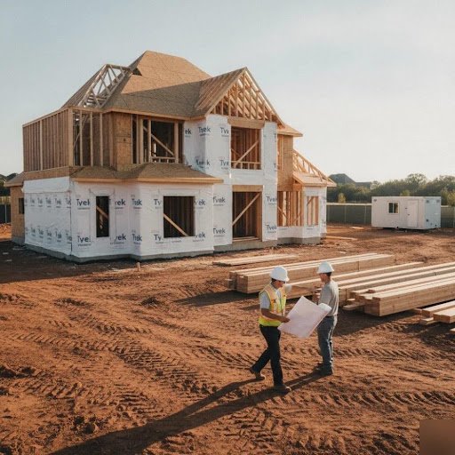 Two construction workers wearing hard hats and safety vests review blueprints in front of a two-story framed house under construction on a muddy site.