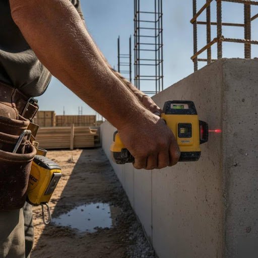 Construction worker uses a yellow laser level to project a red beam onto a concrete wall at a building site.