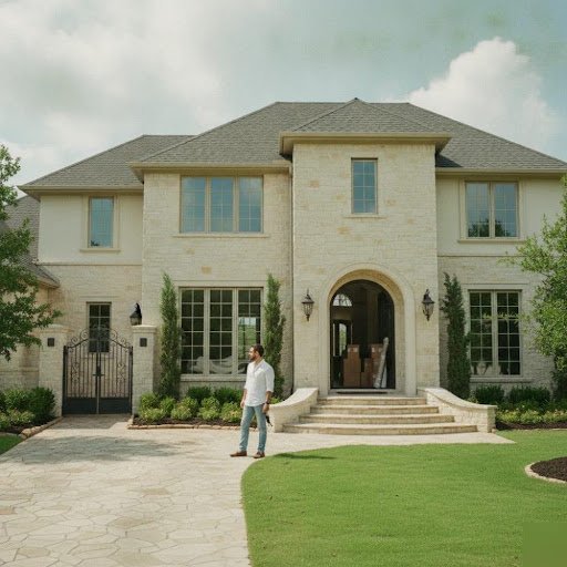 Man in a white shirt and jeans stands on a stone path in front of a two-story beige stone house with an arched entry and manicured lawn.