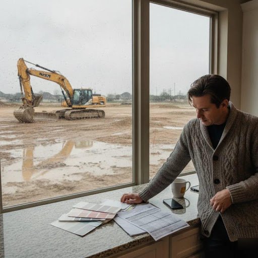 Man in a gray cardigan examines blueprints and color swatches at a windowed desk as a construction site with a bulldozer is visible outside.