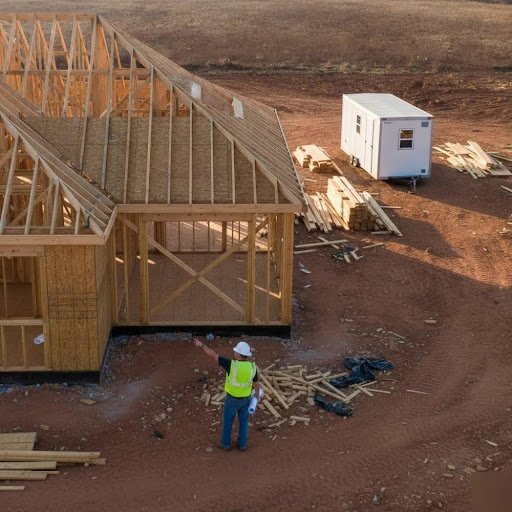 Construction site with a wooden-framed house under development; worker in high-visibility vest and hard hat stands nearby amid lumber piles.
