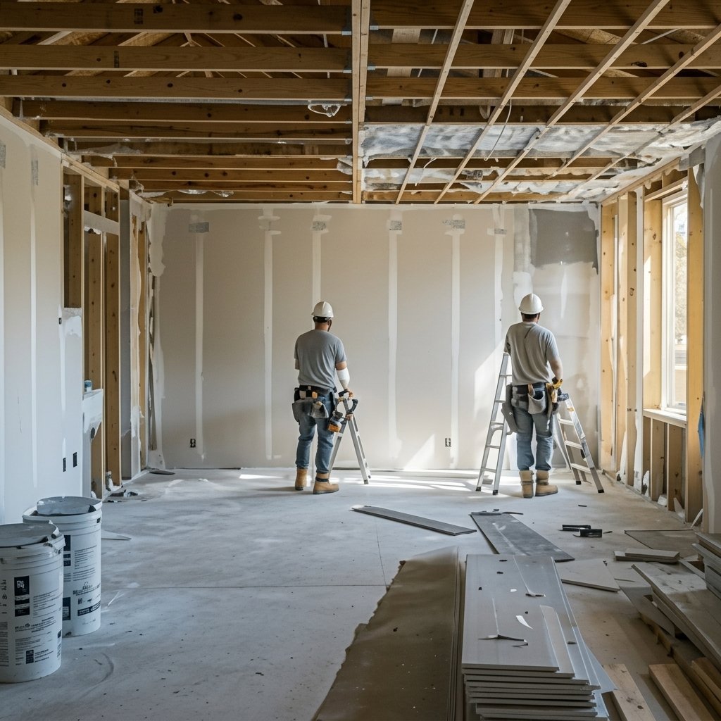 Two construction workers wearing hard hats stand on ladders inside a partially torn-down room, framing exposed overhead and drywall progress visible.